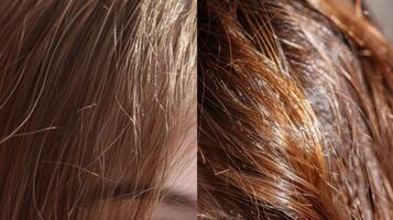 uma comparação do cabelo saúde com a primeiro foto mostrando seco e frágil cabelo e a segundo foto mostrando brilhante hidratado cabelo depois de regularmente usando uma sauna.