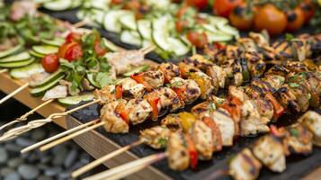 uma seleção do saudável aperitivos e lanches tal Como grelhado frango espetos e pepino e tomate Brusqueta ser oferecido às a evento ao lado tradicional Barra lanches foto