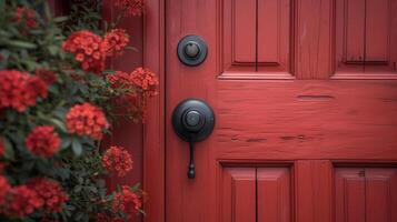 uma moderno e minimalista Preto porta lidar com contrastante contra uma negrito brilhante vermelho porta dando personalidade para uma frente varanda renovação foto