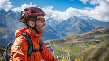 uma ciclista parando às uma tenha cuidado ponto levando profundo respirações e sentindo-me atualizado a partir de a fisica e mental esforço do seus passeio foto