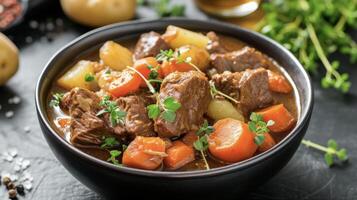 uma forte e nutritivo tigela do carne ensopado empilhado Alto com pedaços do concurso carne e forte legumes gostar cenouras pars e batatas. a aroma do salgado ervas e es preencher foto