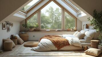 uma acolhedor quarto com uma retrátil clarabóia acima a cama criando uma sereno e sonhadores atmosfera para descansar e relaxamento foto