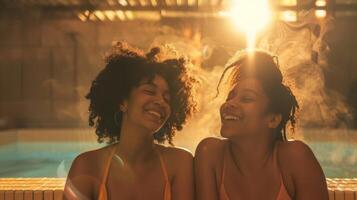 dois amigos com fibromialgia sentar dentro uma sauna às uma spa seus rostos brilhando com relaxamento e alívio Como a calor trabalho maravilhas em seus cansado corpos. elas obrigado cada de outros para apoiando foto