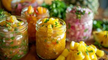 a mesa é Além disso adornado com frascos do caseiro manga salsa e picante abacaxi molho picante adicionando uma rebentar do tropical sabor para cada mordida foto