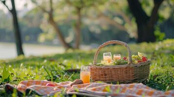 uma romântico piquenique dentro a parque completo com uma cesta do refrescante mocktails e delicioso dedo alimentos foto
