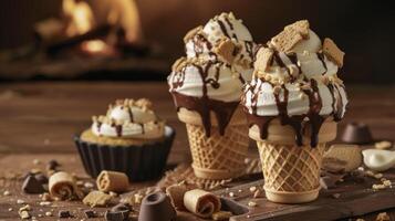 pegue pronto para escavação para dentro esses smores Bolinho cones cozido para perfeição e adornado com todos a clic smores fixações. a marrom dourado gelo creme cone acrescenta uma delicioso crucial foto