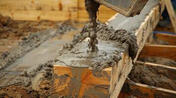 uma cimento misturador derramando líquido concreto para dentro de madeira formulários para crio a primeiro camada do a contenção parede foto