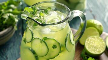 uma jarro do refrescante pepino Limonada de lima enfeitado com fresco ervas foto