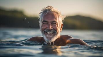 uma Senior homem completa dele diariamente nadar rotina sentindo-me revigorado e realizado Como ele parece para uma saudável e ativo aposentadoria foto