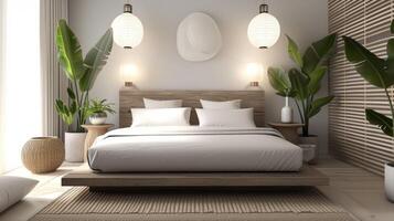 uma moderno quarto com uma mistura do japonês e escandinavo influências apresentando uma baixo plataforma cama papel lanternas e natural elementos gostar plantas e uma bambu tapete. a geral foto