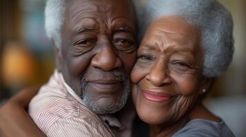 uma Senior casal abraçando depois de recebendo seus gripe tiros grato para a Paz do mente este vem com protegendo seus saúde foto