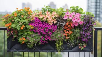 uma vertical jardim em uma sacada grade exibindo uma variedade do colorida flores e vegetação adicionando uma pop do vida e cor para a paisagem urbana foto