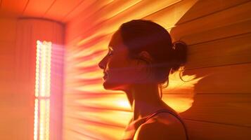 uma pessoa usando uma sauna para desintoxicar seus corpo a profundo suor induzido de infravermelho calor ajudando para rubor Fora toxinas e melhorar No geral saúde. foto
