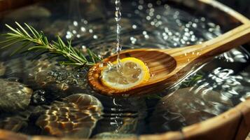 uma de madeira concha gotejamento com uma mistura do alecrim e limão essencial óleos usava para borrifar água sobre a quente sauna pedras. foto