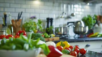 uma nutritivo e colorida refeição ser preparado dentro uma moderno e bem equipado cozinha enfatizando uma saudável dieta para No geral bem estar foto