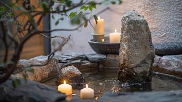 uma tranquilo canto com uma pequeno pedra fonte e velas criando uma meditativo paisagem sonora Como bem Como ambiente. 2d plano desenho animado foto