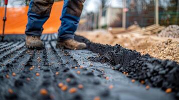 uma trabalhador espalhando e compactação solo sobre uma camada do geossintético material criando uma seguro e nível base para construção foto