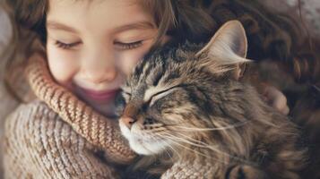 uma criança rindo Como elas abraço uma fofo gato firmemente seus olhos fechadas e uma sorrir em seus face foto