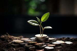 uma verde plantar emergente a partir de uma amontoar do brilhante moedas, simbolizando crescimento e financeiro prosperidade. foto