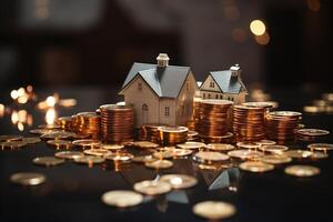 uma pequeno casa é posicionado em topo do uma amontoar do moedas, exibindo uma conceptual representação do financeiro estabilidade ou riqueza acumulação. foto