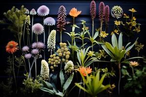 uma variedade do brilhante flores e plantas exibido em uma Sombrio fundo foto