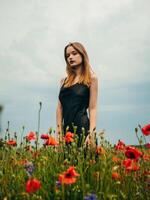 lindo jovem menina dentro uma Preto tarde vestir posando contra uma papoula campo em uma nublado verão dia. retrato do uma fêmea modelo ao ar livre. chuvoso clima. cinzento nuvens. foto