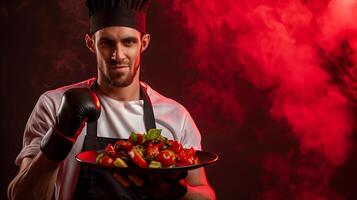 confiante caucasiano masculino chefe de cozinha dentro Preto avental e boxe luva apresentando uma vibrante salada, conceito do culinária concorrência e habilidade, Sombrio fundo com vermelho fumaça foto