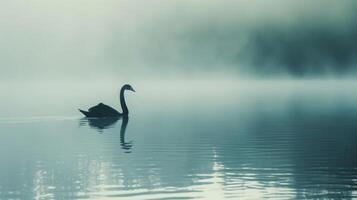 elegante Preto cisne em uma enevoado lago, gracioso silhueta dentro a manhã luz foto