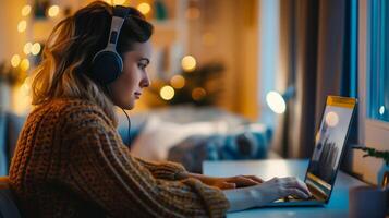 jovem mulher usando computador portátil com fones de ouvido dentro acolhedor tarde casa contexto, Natal feriado ambiente, controlo remoto comunicação conceito foto