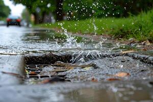 sobrecarregado tempestade drenar vomitando água para uma calçada, ilustrando a poder do torrencial chuva foto