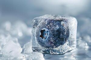 fechar acima do uma congeladas mirtilo envolto dentro a gelo cubo, minimalista gelado tema foto