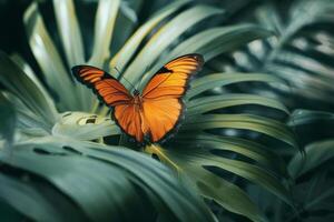 borboleta em uma folha com asas espalhar, tentando para legal fora dentro a mínimo sombra foto