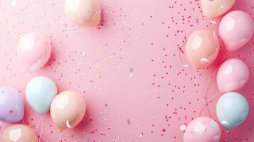 festivo fundo com pastel balões e multicolorido confete em uma Rosa gradiente foto