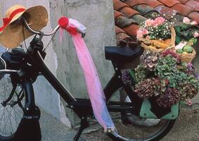 uma bicicleta com flores e chapéus em isto foto