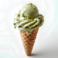 pistache gelo creme cone isolado em branco fundo com sombra. verde pistache gelo creme topo Visão plano deitar foto