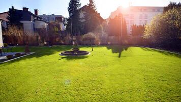 jardim perto casa com fonte, árvores e perenes. foto