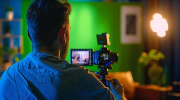 masculino cinegrafista gravação conteúdo com dslr Câmera contra verde tela dentro uma estúdio contexto, relacionado para criativo artes e mundo fotografia dia foto