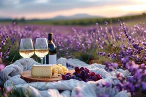 romântico piquenique dentro uma florescendo lavanda campo com vinho, queijo, e fresco frutas arranjado em uma acolhedor cobertor foto