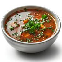 tomate sopa com manjericão dentro tigela isolado em branco fundo com sombra. vermelho tomate vegetal sopa dentro tigela foto