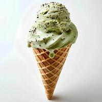 pistache gelo creme cone isolado em branco fundo com sombra. verde pistache gelo creme topo Visão plano deitar foto