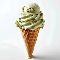 pistache gelo creme cone isolado em branco fundo com sombra. verde pistache gelo creme topo Visão plano deitar foto