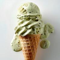 pistache gelo creme cone isolado em branco fundo com sombra. verde pistache gelo creme topo Visão plano deitar foto