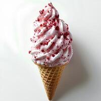 morango gelo creme cone isolado em branco fundo com sombra. morango gelo creme topo Visão plano deitar foto