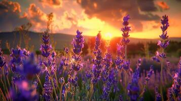 iluminado pelo sol lavanda campo às pôr do sol vibrante roxa flores debaixo uma fogosa céu dourado hora iluminação foto