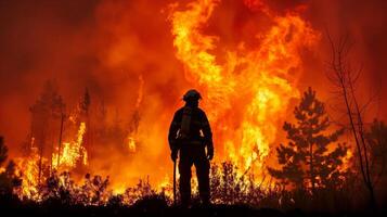 bombeiro lutando ampla floresta fogo às crepúsculo, intenso laranja chamas foto