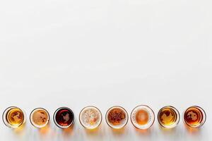 minimalista conceito do Cerveja degustação, pequeno óculos arranjado dentro uma linha em uma imaculado branco superfície foto