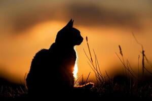 silhueta do uma gato às pôr do sol, sereno e majestoso, a comemorar a beleza do gatos em seus especial dia foto