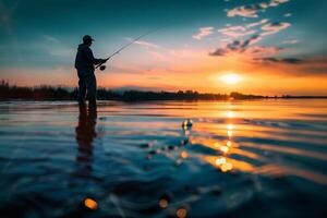 silhueta do uma pescador às pôr do sol, fundição uma grandes linha para dentro a brilhando água foto