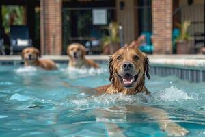 ao ar livre piscina às uma cachorro hotel, caninos natação e jogando debaixo supervisão, recorrer estilo Facilidades foto
