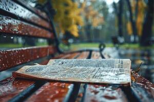 encharcado jornal deitado em uma chuva encharcado banco, símbolo do uma dia interrompido de inesperado chuva foto